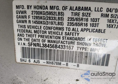 2006 Honda Odyssey Ex z USA, uszkodzony, nr VIN 5FNRL38456B433167